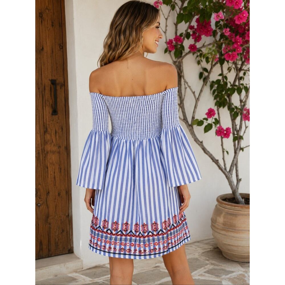 Braeve Coastal Boho Embroidered Cotton Mini Dress Bell Sleeve M - Picture 2 of 9